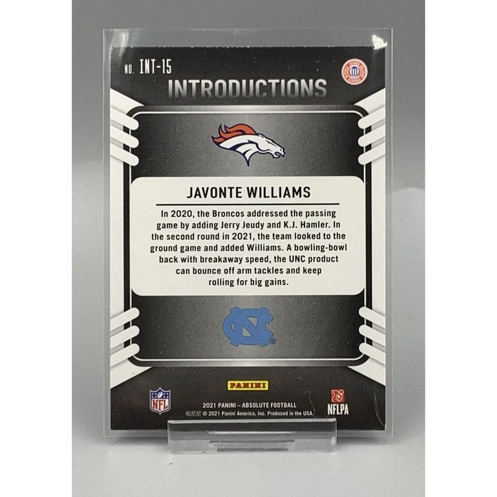 2021 Panini Absolute Javonte Williams #INT-15 Introductions‎ Tar Heels / Broncos
